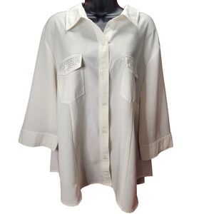 VTG Cathy Che Button-Up Top Blouse Rhinestone Pockets 3/4 Sleeve 22/24W